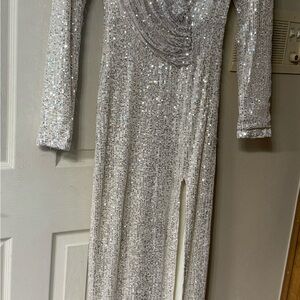 Silver Sequin Long Sleeve Gown
